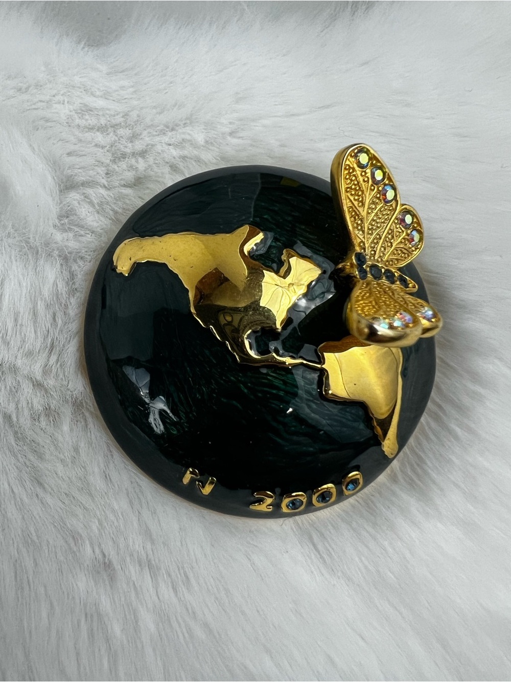 Limited Edition Green Enamel and Gold Tone Globe and Butterfly Brooch